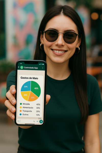 mulher segurando celular com grafico no chat do zap oficial